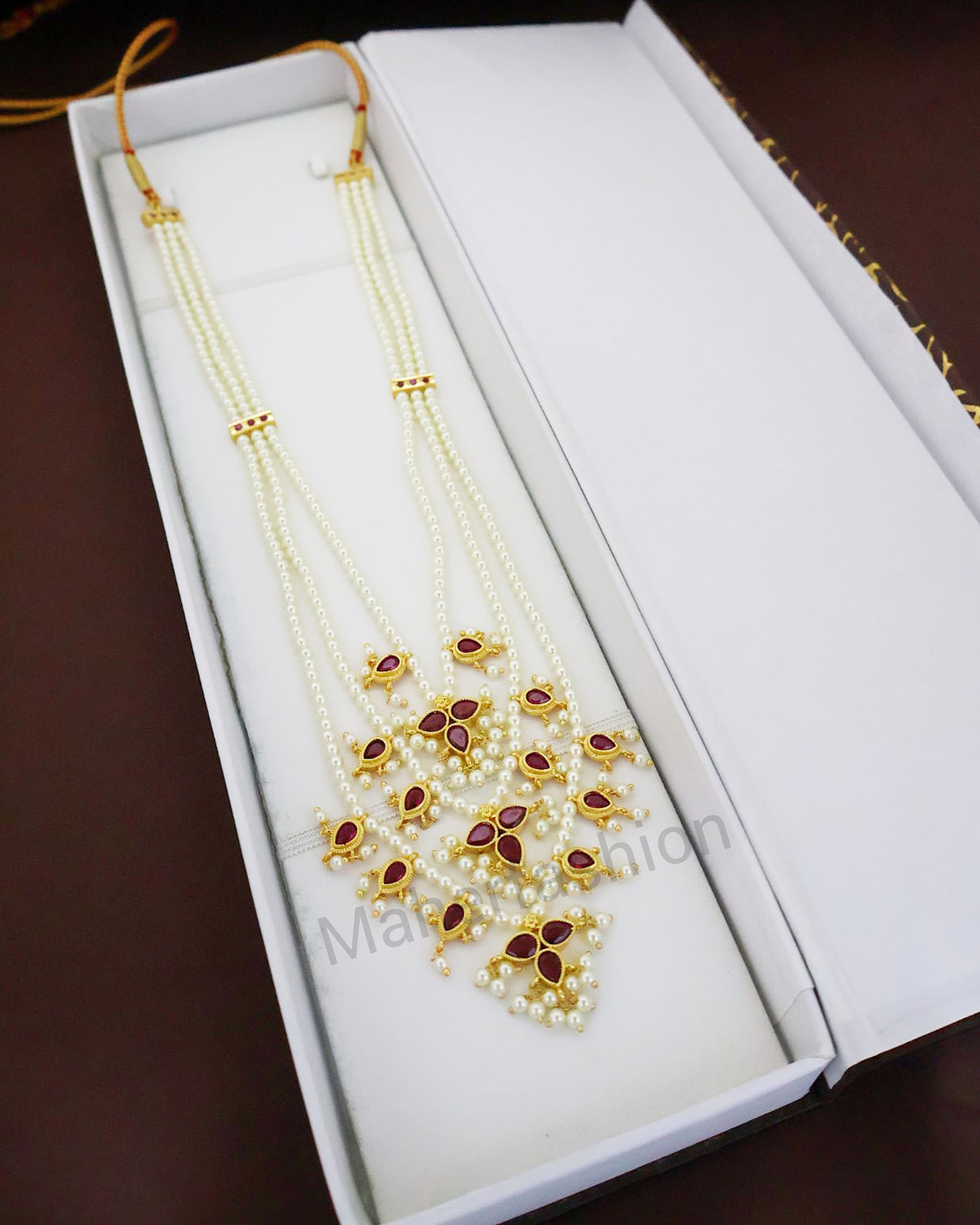 Magnificence of Pearls With  Red Stone Tanmani Necklace